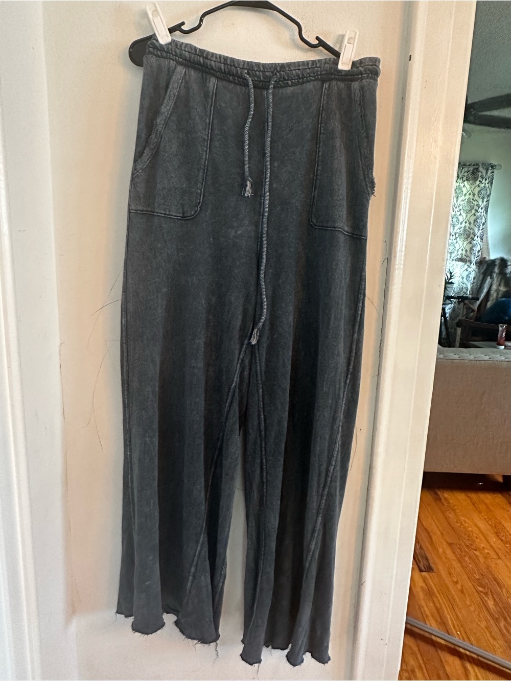 Three Bird Nest Mineral Wash Wide Leg Lounge Pants XL Gray Boho Raw Hem - Picture 2 of 6